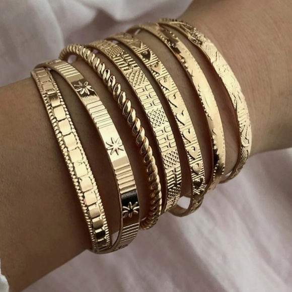 7 pieces Gold Bangle bracelet cuff Set 18k look - Picture 3 of 6